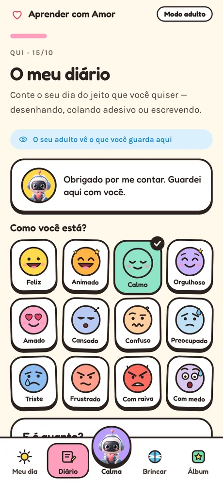 Tela de emoções no app